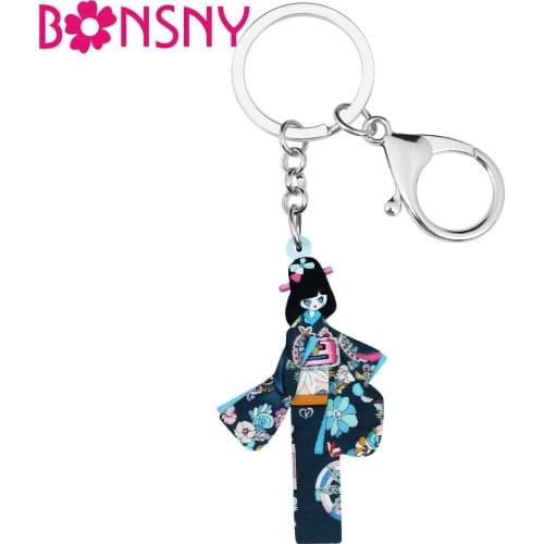 BONSNY Acrylic Black Lovely Japan Kimono Lady Doll Keychains Ring Fashion Purse Key Chain Jewelry For Women Girls Teens Gifts