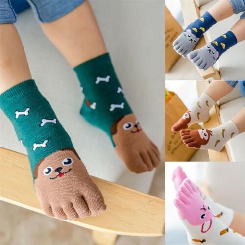 3-12 Years Cute Kids Toddler Cotton Non Slip Socks Cartoon Animal Five Fingers Funny Socks Children Baby Boy Girl 1 Pairs