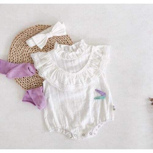 Newborn Baby Sweet Rompers Cotton Infants Ruffled Round Neck Sleeveless Romper Matching Hair Band for Baby Girls