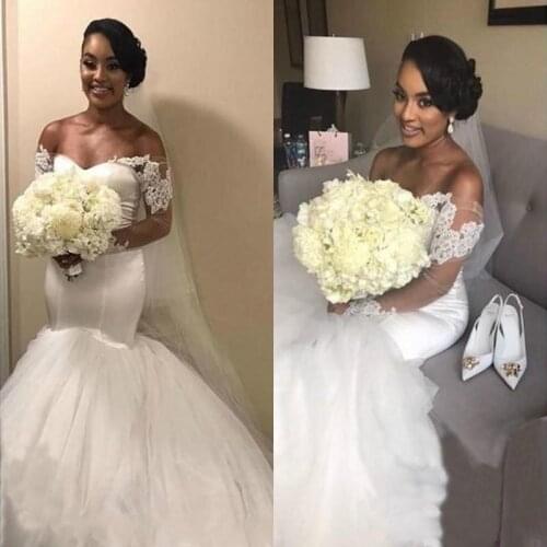 Off Shoulder Long Sleeves Elegnat Mermaid Wedding Dresses Lace Appliques African Bridal Gowns Vestido De Novia