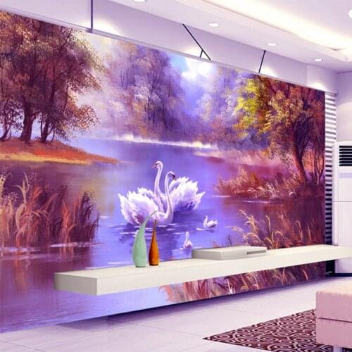Photo Wallpaper 3D Romantic Beautiful Forest Lake Swan Oil Painting Murals Gallery Living Room Backdrop Wall Decor Wallpaper 3 D