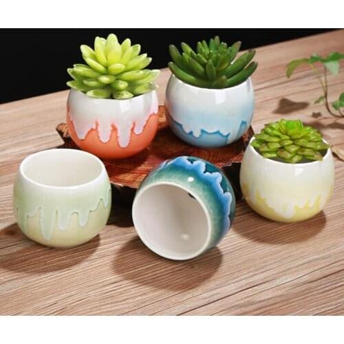 2pcs/set Succulent Plant Pot Korean Style Breathable Flowerpot Flow Glazed Flower Pot Planter Vase with a Hole Home Decor