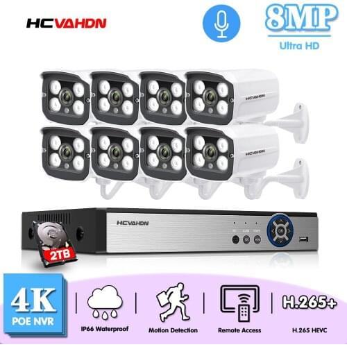 HCVAHDN 4K 8CH Ultra HD CCTV POE Camera System H.265+ 8MP NVR Kit Outdoor waterproof And Home Video Surveillance IP Camera