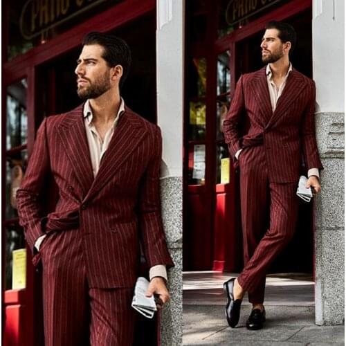 Burgundy Pinstripe Groom Wedding Tuxedos High Quality Double Breasted Mens Suits Peaked Lapel Prom Party Blazer Jacket