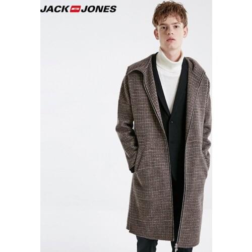 JackJones autumn and winter Plaid hooded mens medium long wool overcoat| 219127501