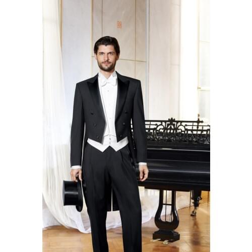 Newest Groomsmen Tailcoat Style Groom Tuxedos Peak Satin Lapel Men Suits Wedding Best Man Blazer ( Jacket+Pants+Vest+Tie ) C225
