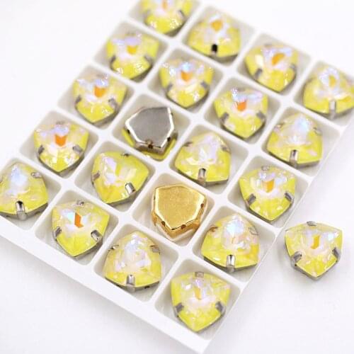 New arrival 12mm Fat Triangle shape Yellow Mocha fluorescence Glass Crystal strass sew on flatback rhinestones for clothing