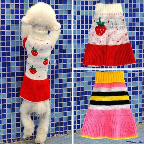 Pet Clothes Cute Girls Knitted Sweater Dress With Strawberry Pattern Autumn And Winter Breathable Warm Dog Clothing