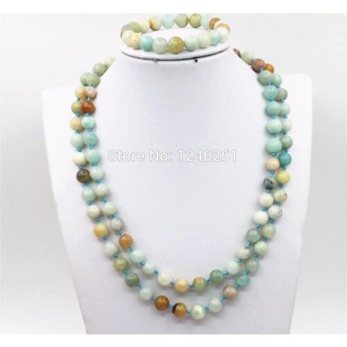 8mm Natural Stone Amazonite Beads Necklace Chain Bracelet Sets Girls Christmas Gifts Jewelry Sets Making Design Stone 36inch