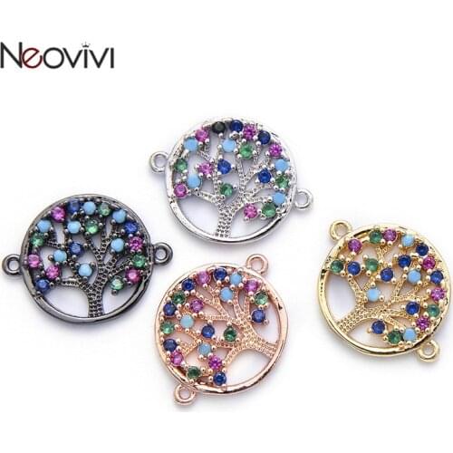 Neovivi Life of Tree Charms for Jewelry Making Micro Pave Multicolor Cubic Zirconia Copper Round Spacer Connector Beads Hollow