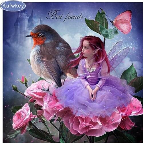 Full 3d diamond embroidery bead patterns square 5d diy diamond painting flowers Cartoon fairy and bird puzzle anime needlework