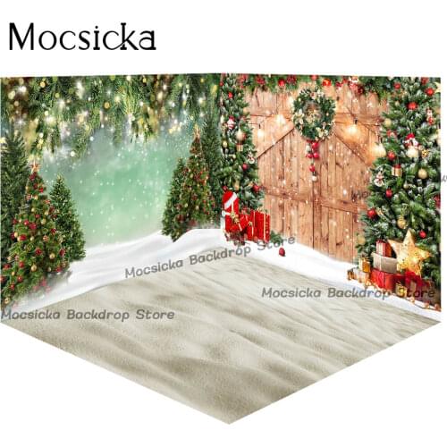 Christmas Tree Snow Backdrop for Photography Winter Barn Door Kid Children Portrait Background for Photo Studio Wreath Pine Tree