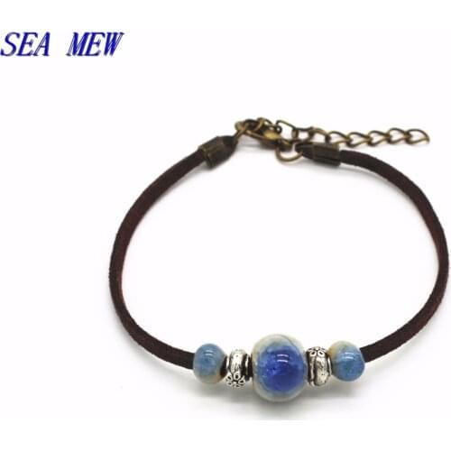 SEA MEW Fashion Metal Alloy Ceramic Bracelet Adjustable Porcelain Bead Rope Bangles For Women Charm Bracelets Girls Gift