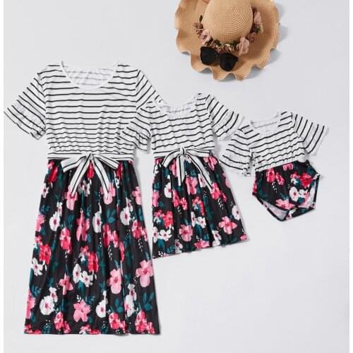 Family Matching Outfits Clothes Mother Daughter And Baby Summer Striped stitching floral Dress Party Dress Parent Child Outfits