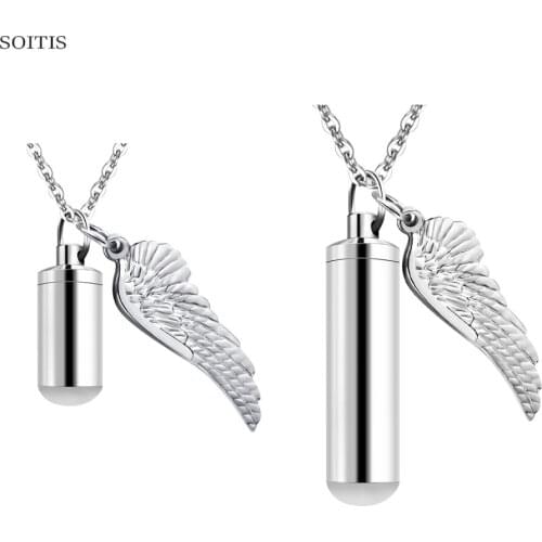 SOITIS Big Angel Wing Decorative Clyinder Shaped Cremation Pendant Urn Necklace Stainless Steel Perfume Box Keepsake Gift