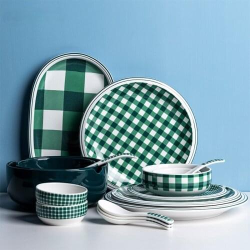 Green grid fresh ceramic tableware plate breakfast snack plate snack fruit tray western food plate dishes and plates sets