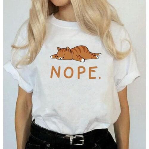 Nope Cat Cartoon Harajuku Shirt Funny Print T Shirt Women Tops Casual Short Sleeve Fashion Summer Tee Shirt Femme Camiseta Mujer