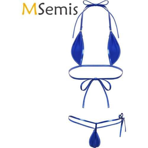 Womens Micro Bikini Swimsuits Shiny Metallic Mini Spaghetti Straps Trikini Nightwear 2PCS Bikini Set or Cross Monokini Swimwear