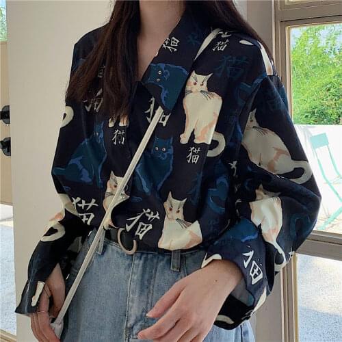Summer new arrival korean vintage blouses kawaii cute cat letter print female shirts harajuku ulzzang streetwear blusas mujer