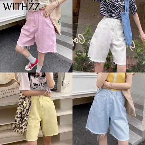 WITHZZ Spring Summer Womens Loose Tassel Macaron Color Straight Jeans Denim Shorts
