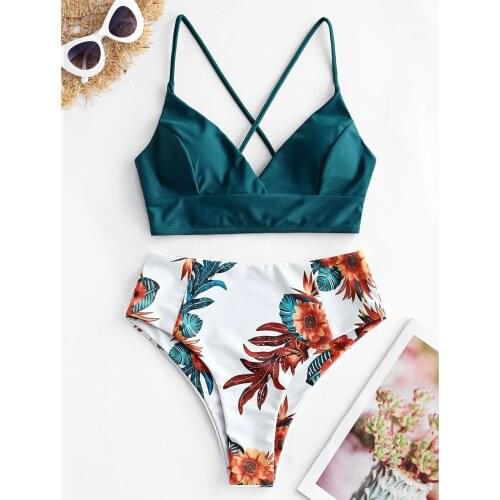 Bikini 2021 Swimsuit Womens Two Piece Flower Print Split Push-up Bikini Sets Plus Size Beachwear Swimwear Bathing Suit Biquini
