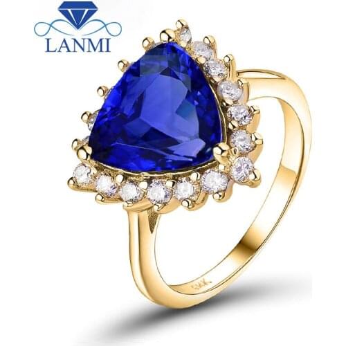 Rings For Women Real 14K Yellow Gold Trillion 9x9mm Natural Tanzanite Diamond Anniversary Ring for Wife Loving Jewelry Gift