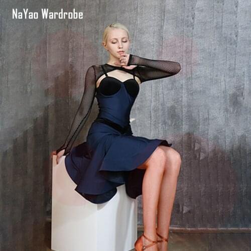 2020 New W646 Latin Dance Dress Women Black Shoulder Cover Bare Back Dancing Performance Dress for Ballroom Samba Tango