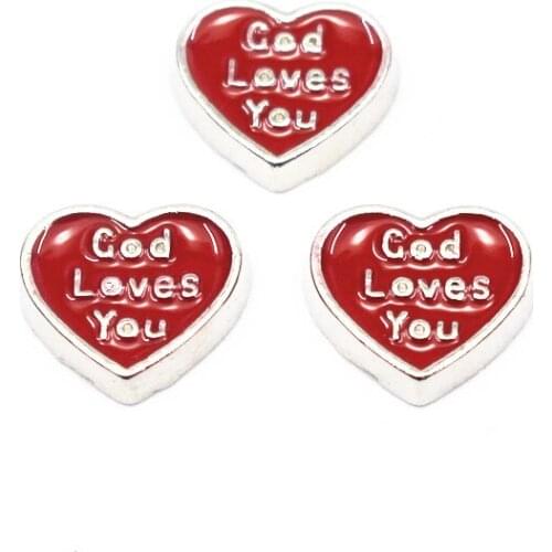 10pcs/lot Enamel Silver Heart God Loves You Floating Charms Fit Living Glass Floating Lockets Bracelet DIY Jewelry Making