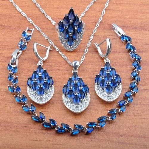 AAA Quality Blue ZirconiaSilver Color Jewelry Set For Women Crystal Earrings Necklace Pendant Rings Bracelet JS0588