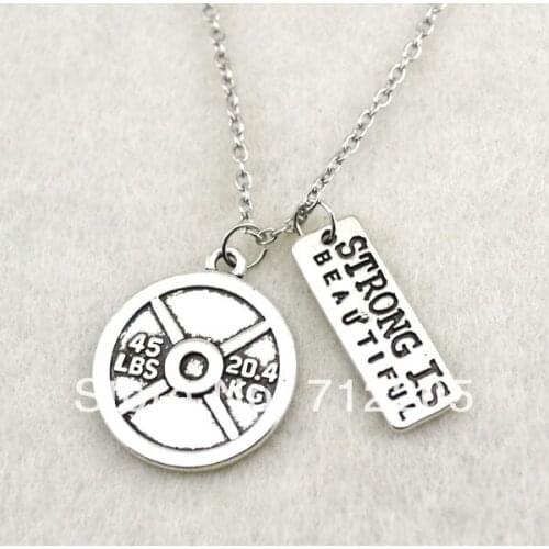 Antique silver plated Vintage Circle 45LBS 20.4KG Weight Plate and Strong Is Beautiful necklace