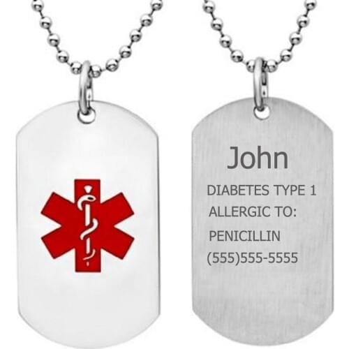Free Engraving Unisex Stainless steel Diabetes type 1 Medical Alert ID Necklace Personalized Dog Tags Pendant Jewelry Men,Women