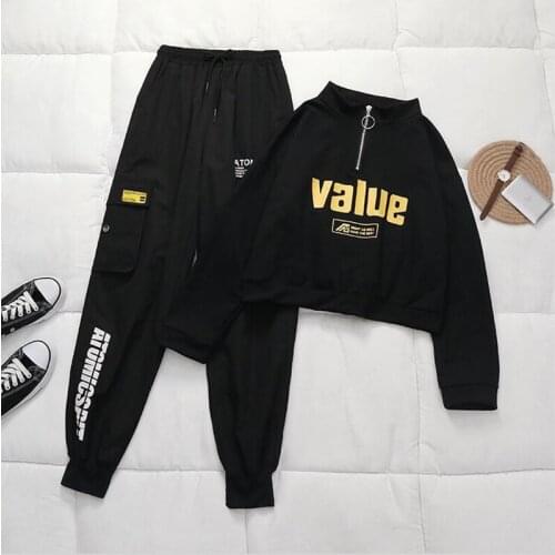 Spring Casual Loose High Waist Pants Female Black Streetwear Hip Hop Cargo Pants Women Letter Printed Loose Sweatpants Female