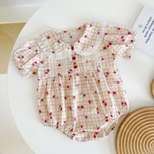 0-3T Flower Print Baby Girls Romper Newborn Kid Summer Clothing Short Sleeve Plaid Floral Jumpsuit New Born Princess Outfit
