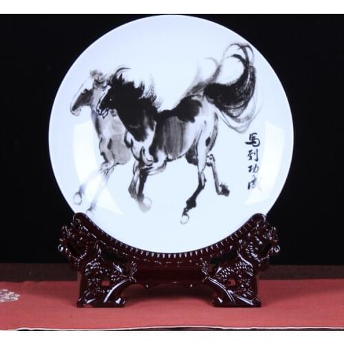 Collection Chinese Jingdezhen Porcelain Painting Zodiac Animal Horse Bring Success And Good Luck Ornament Small Plate