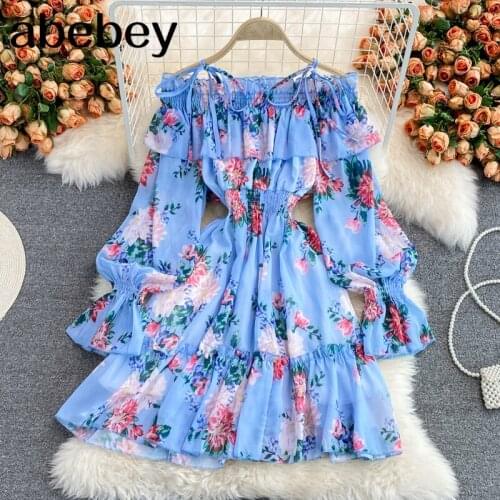 2021 New Spring Autumn Sweet slash neck flare sleeve Dress Ruffle patchwork high waist pleated print short A-line Dress