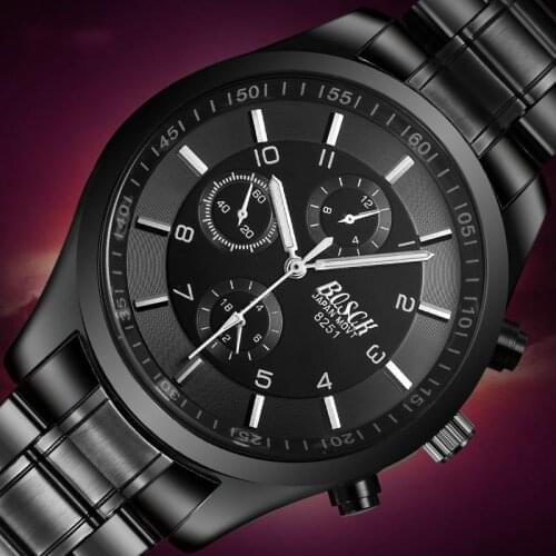Bosck Mens Watches Top Brand Luxury Quartz Wristwatches Stainless Steel Black Leisure Sports Luminous Waterproof Watch