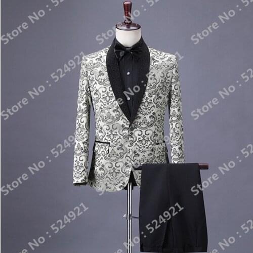 Men Suits Silver Grey Pattern and Black Groom Tuxedos Shawl Lapel Groomsmen Wedding Best Man ( Jacket+Pants+Tie ) C746