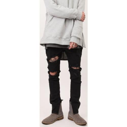 Tide thin knees hole black Slim zipper feet jeans mens autumn and winter new trousers high street