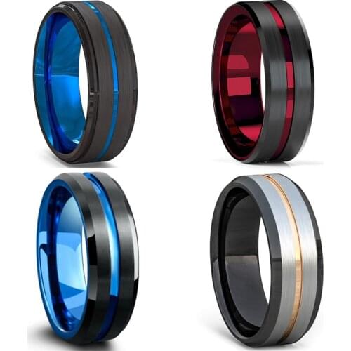 Fashion 8MM Mens Black Tungsten Carbide Ring Blue Red Groove Beveled Edge Wedding Engagement Anniversary Ring Jewelry For Men