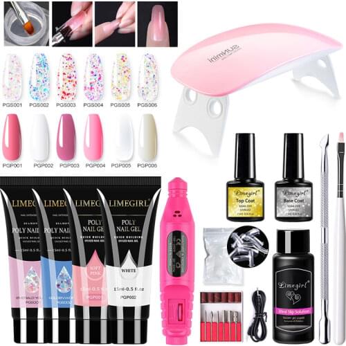Limegirl Poly UV Nail Gel Kit Fast Building Builder Gel Set Base Top Coat Slip Solution Nail Drill Brush Manicure Kit Extensions
