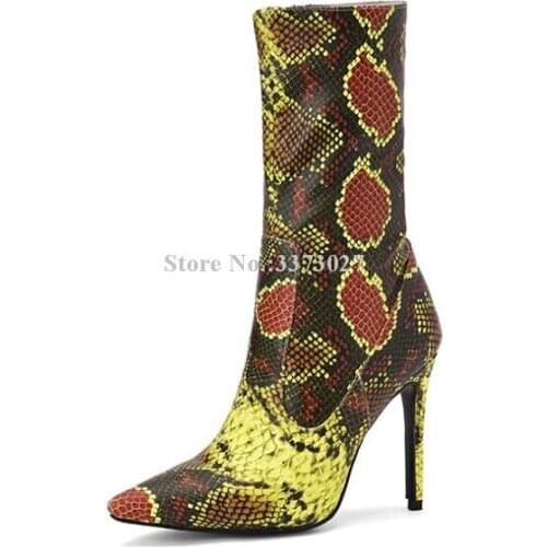 New Mixed Color Snakeskin Leather Short Boots Lady Pointed Toe Stiletto Heel Ankle Boots Woman Large Size Banquet Shoes Dropship