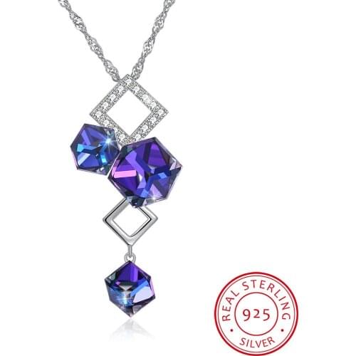 LEKANI Crystals Purple Square Bead Pendant Necklace Chic 925 Sterling Silver Chain Collar For Women Fine Jewelry