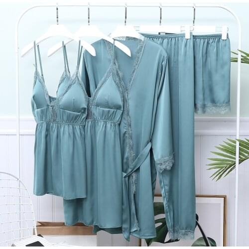 Summer Nightwear 5PCS Pajamas Set Female Satin Kimono Bathrobe Gown Lace Patchwork Sleep Suit Home Clothes Casual Sleepwear