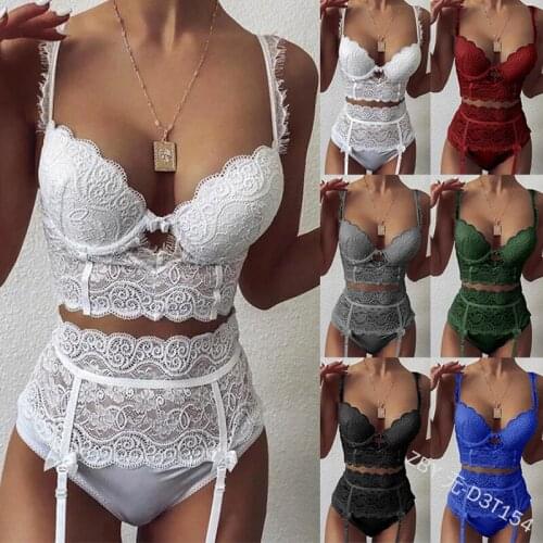 Perspective Of New Hot Selling Sexy Eyelashes Embroidery Printing Lace Gauze Mesh Underwear Garter Thong Gathered Bra 3p