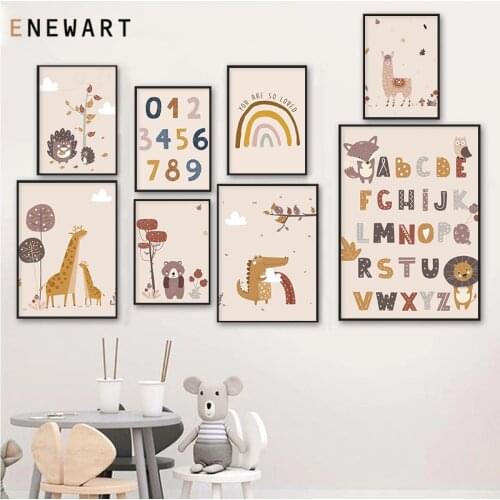 Dropshipping Boho Cartoon Animal Nursery Wall Art Canvas Painting Letters Number Alpaca Giraffe for Kids Bedroom Pictures Decor