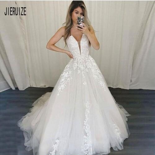JIERUIZE 2019 Romantic Lace Wedding Dresses Strapless Neck Appliqued Princess Bridal Gown Custom Sleeveless Wedding Gowns