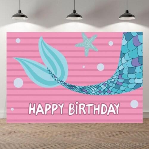 Mermaid Fishtail Happy Birthday Pink Background Photography Girl Princess Party Backdrops Decor For Photoshoot