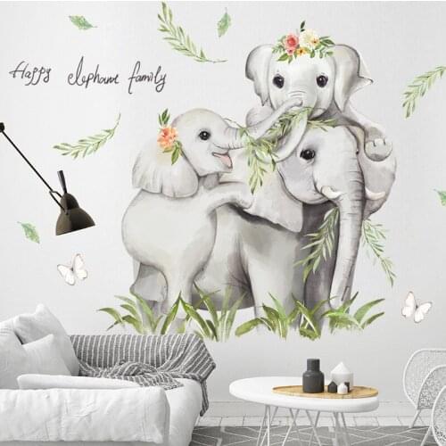 Happy Elephant Family Cartoon Animal Wall Stickers for Baby Kids Room Decoration
