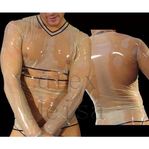 Sexy transparent latex t-shirt Fetish long sleeve latex top men with 100% handmade