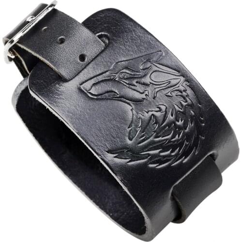 Vintage Rock Black Wide Man Wolf Pattern Leather Bracele Adjustable Women Leather Bangles Jewelry Trendy Punk Bracelets Bangles